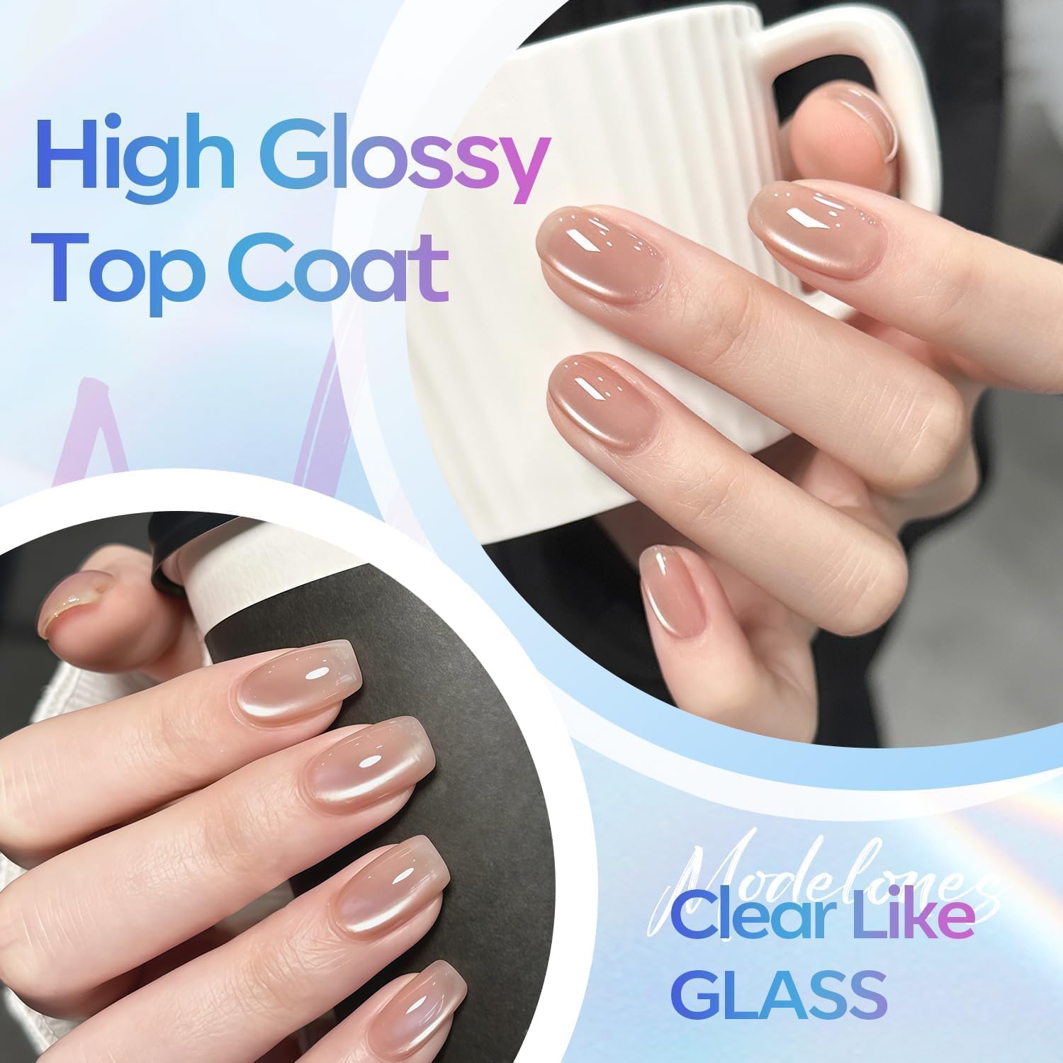 Modelones top coat being applied during a home manicure session.