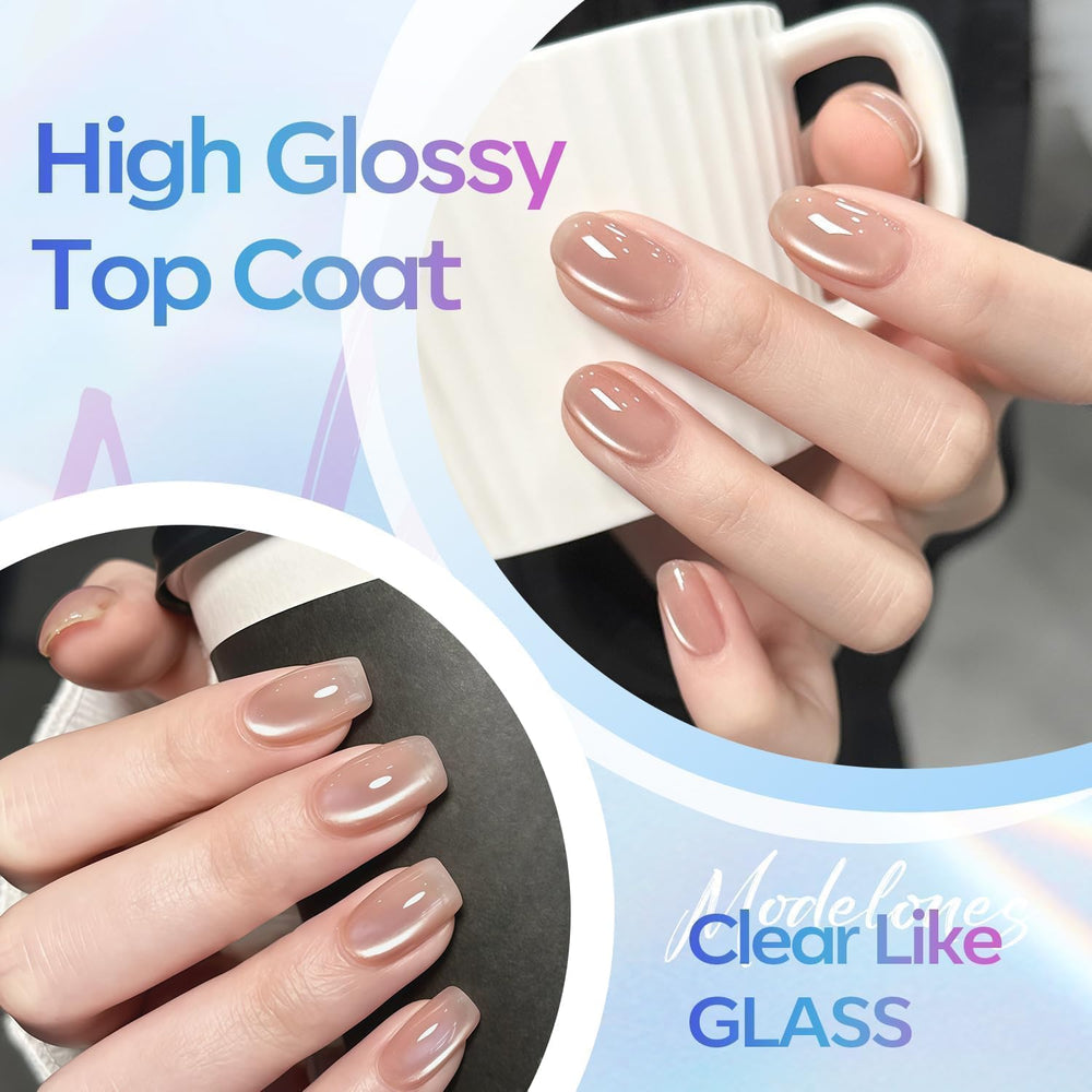 Modelones top coat being applied during a home manicure session.