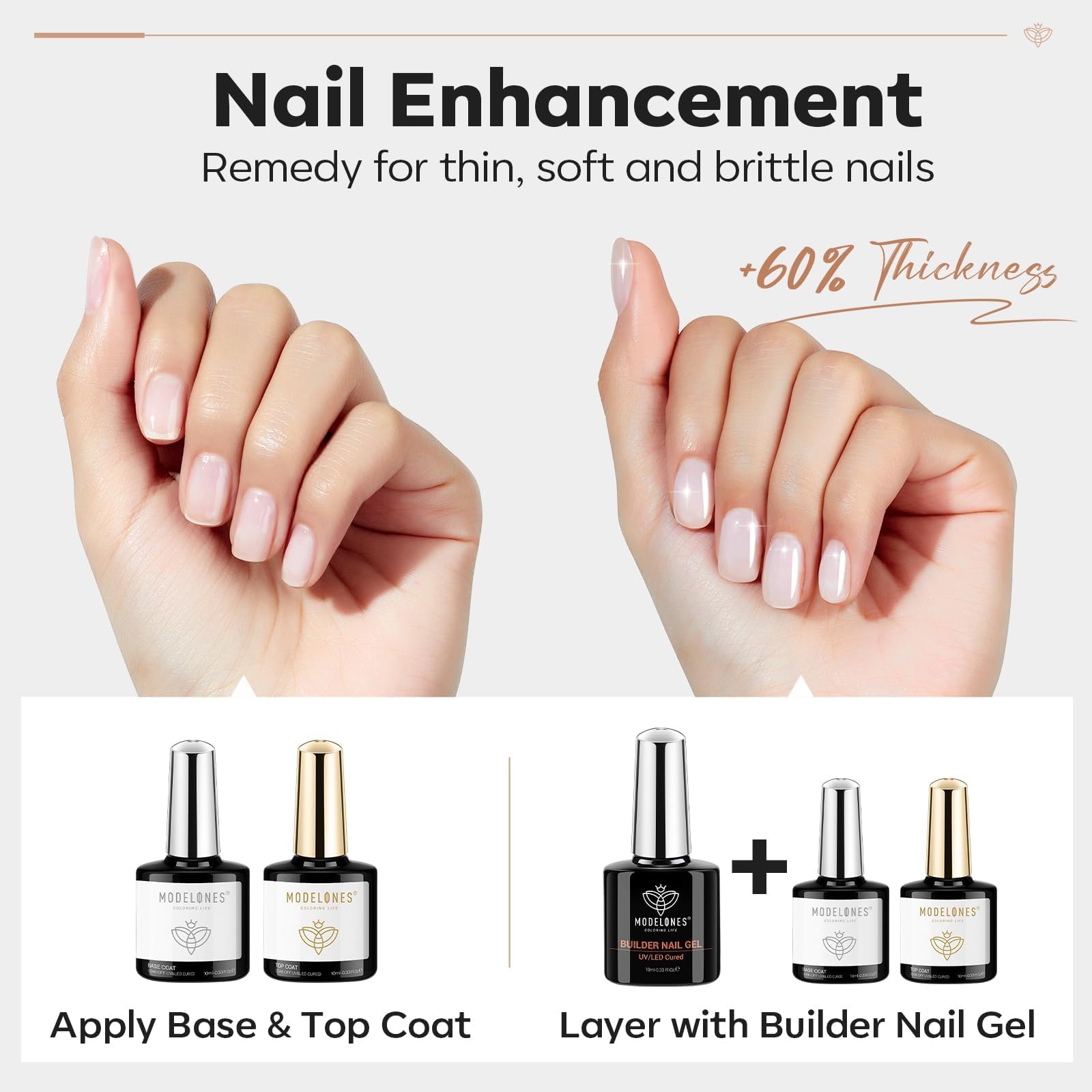 Modelones top coat brillante 10ml, acabado liso y resistente.