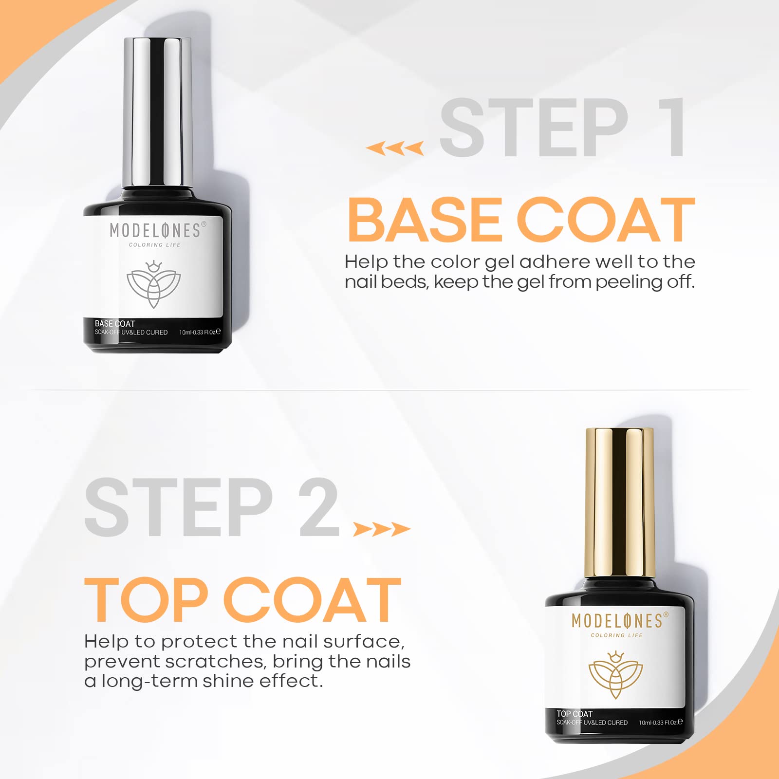 Modelones top coat clear 10ml bottle delivers a high-gloss, no-wipe finish.