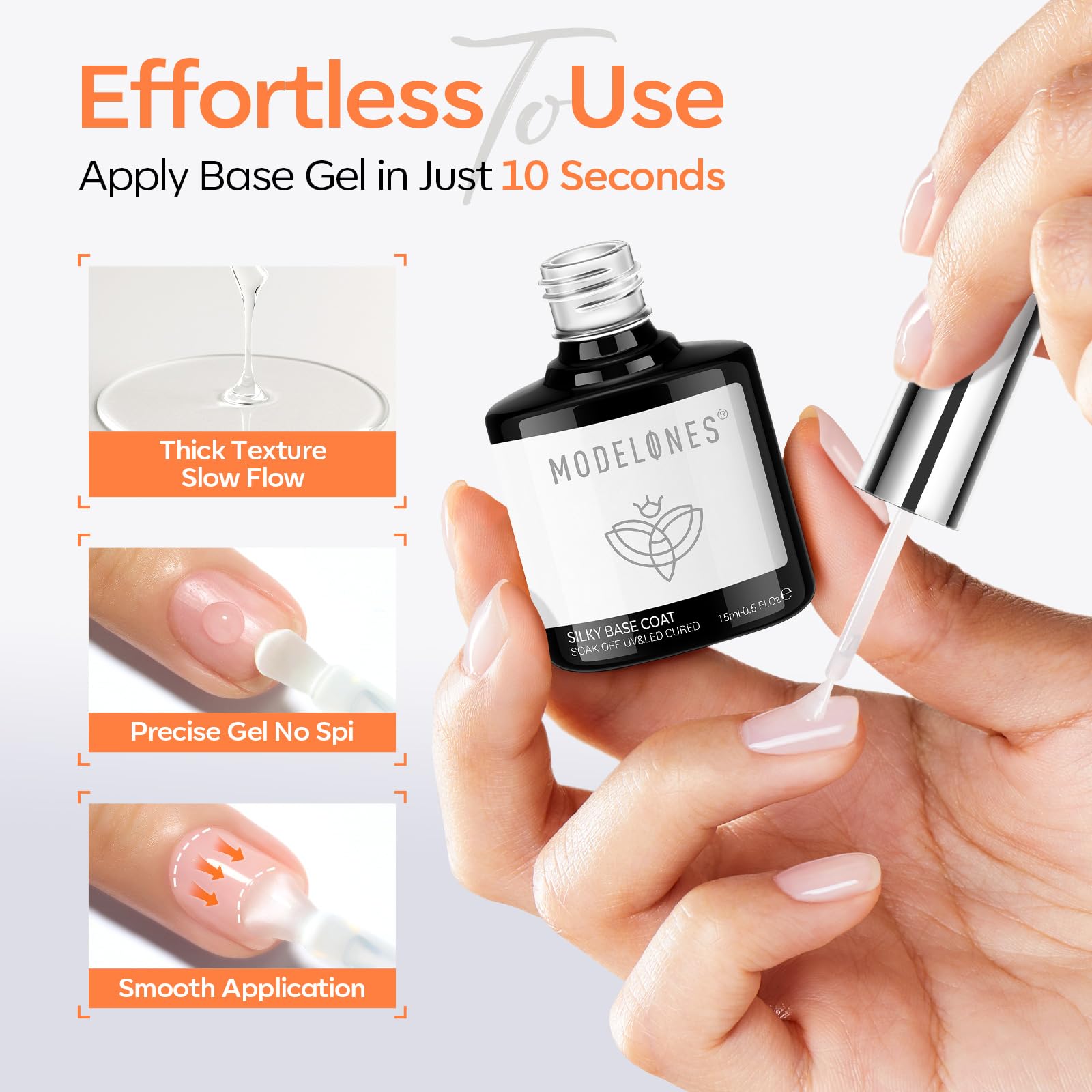 Modelones top coat gel 15ml delivers a glassy, long-lasting shine finish.