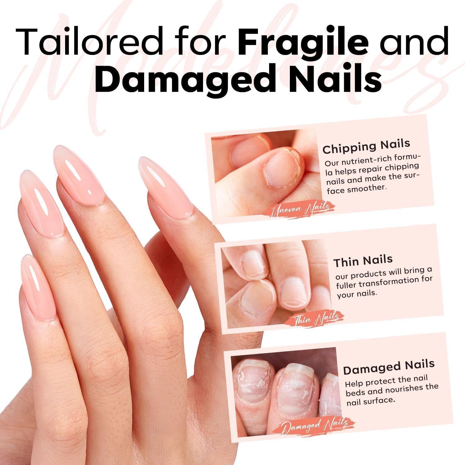 Modelones uñas débiles fortalecidas con gel de base de goma.