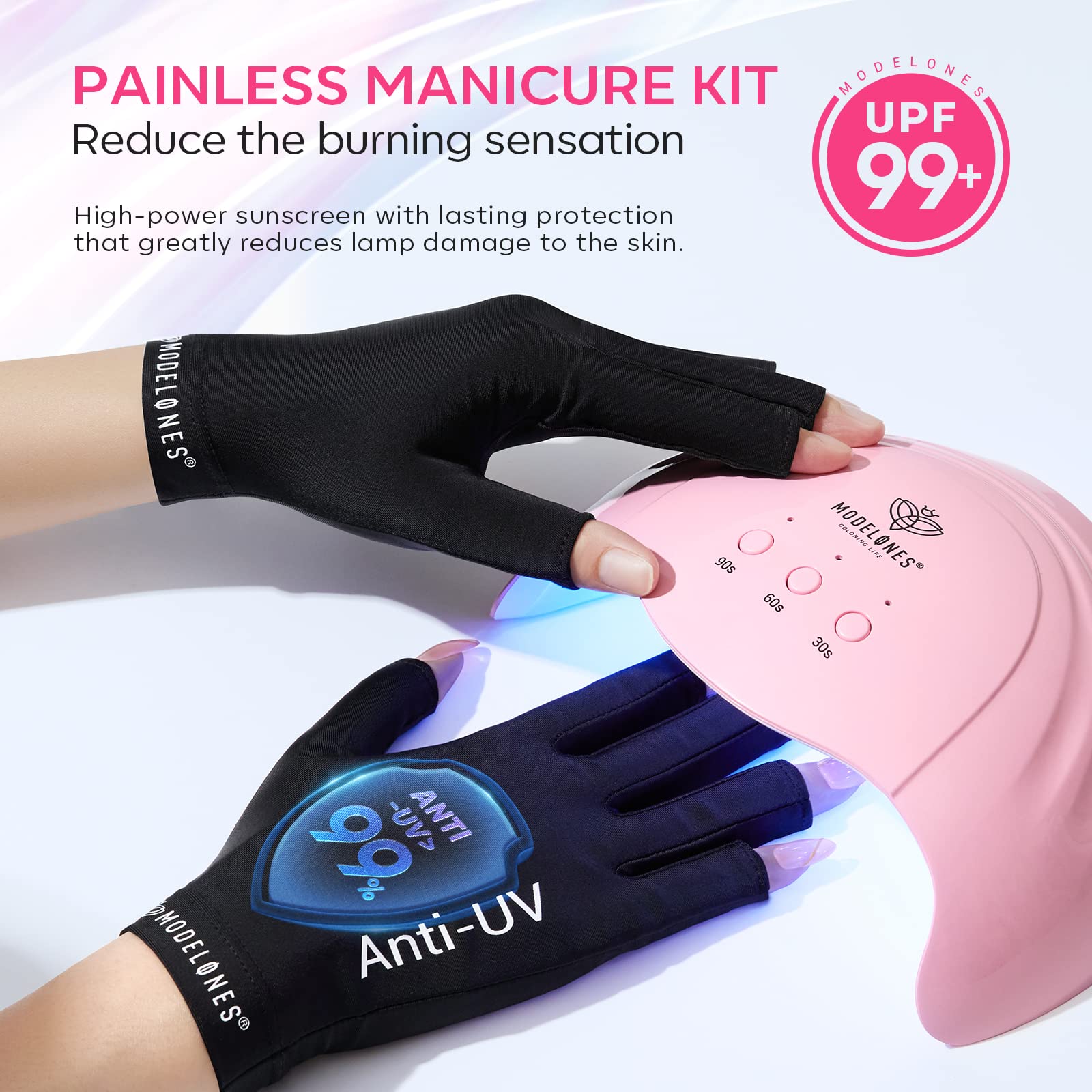 Modelones UPF99+ protective gloves block UV rays during home manicures.