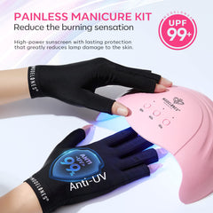 Modelones UPF99+ protective gloves block UV rays during home manicures.