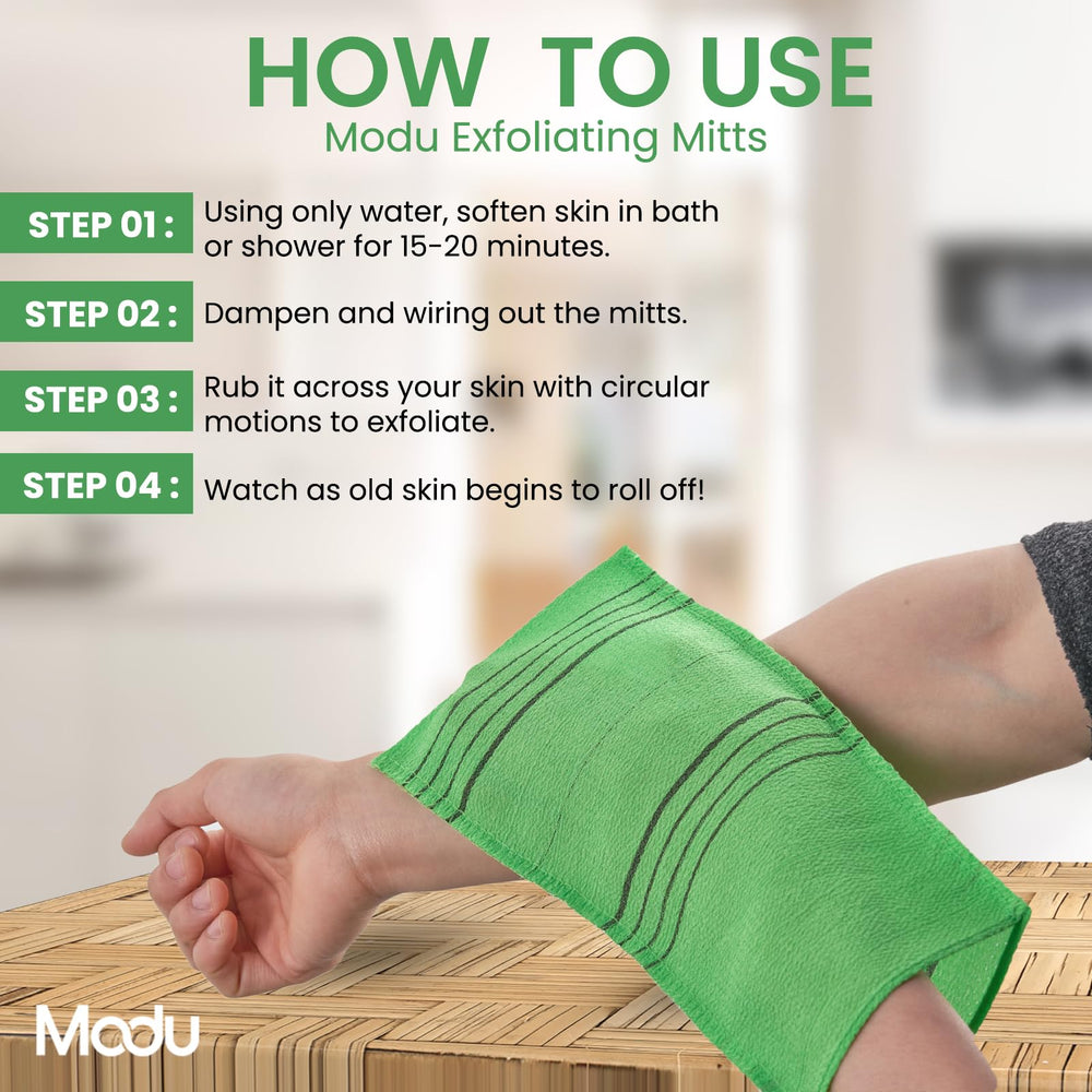 Guantes exfoliantes Modu azul cielo para limpieza profunda sin irritación