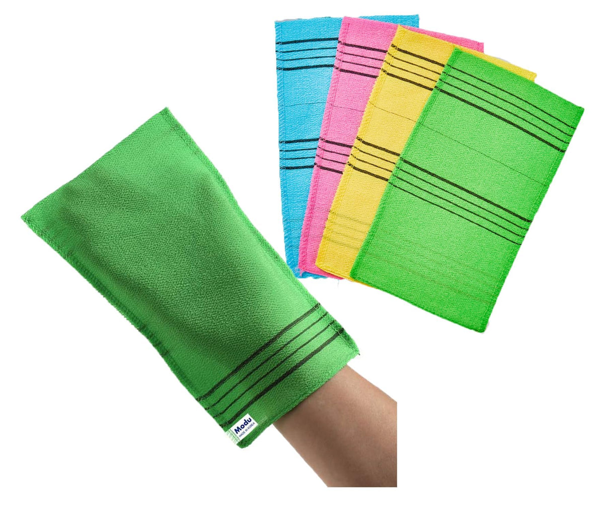 Guantes exfoliantes Modu verde para exfoliar suavemente y renovar la piel