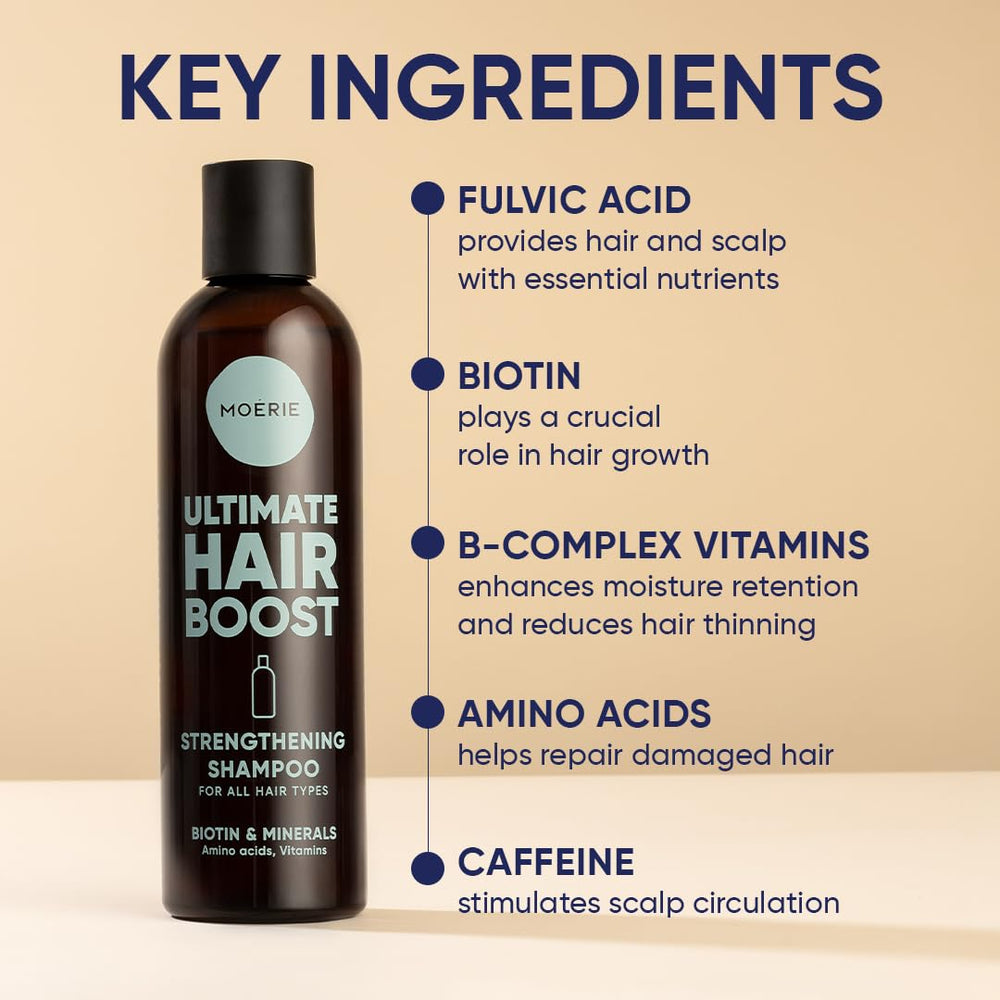 Moerie Hair Growth Shampoo in-use image suggests easy routine for all hair types.