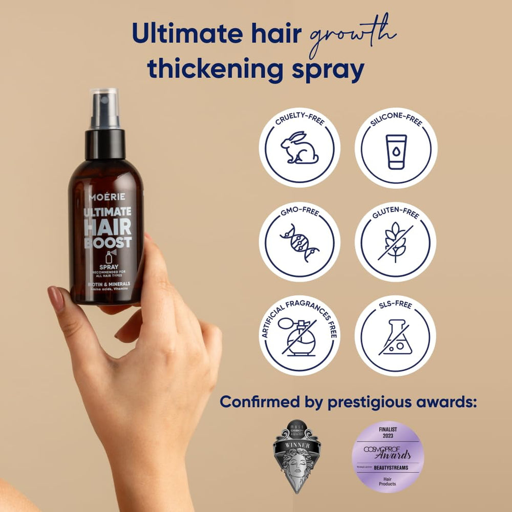 Moerie Hair Growth Spray bottle back label with usage tips