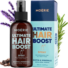 Moerie Hair Growth Spray bottle showcases a natural formula for fuller-looking hair.