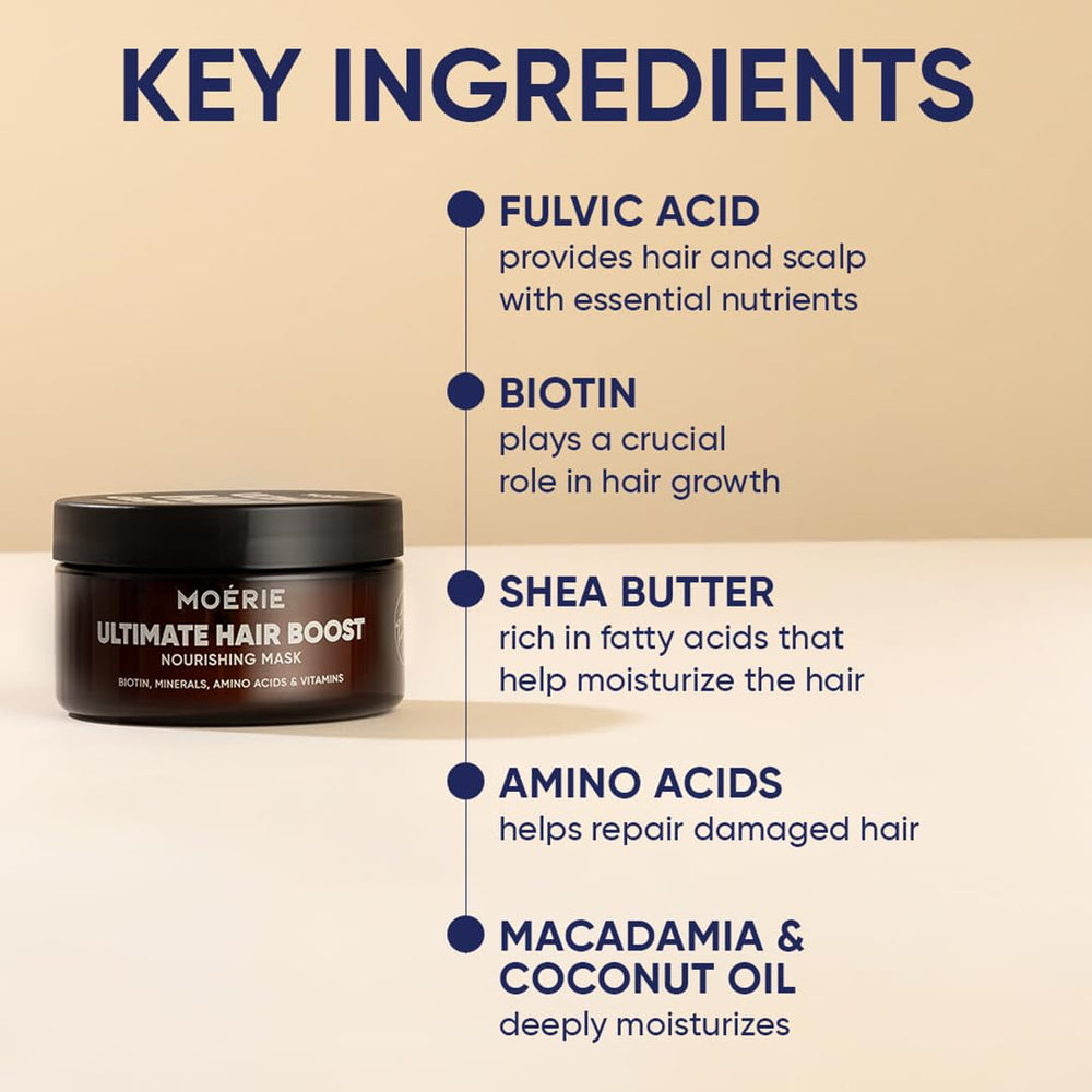 Moerie ingredients label highlights minerals and vitamins boosting scalp nourishment.