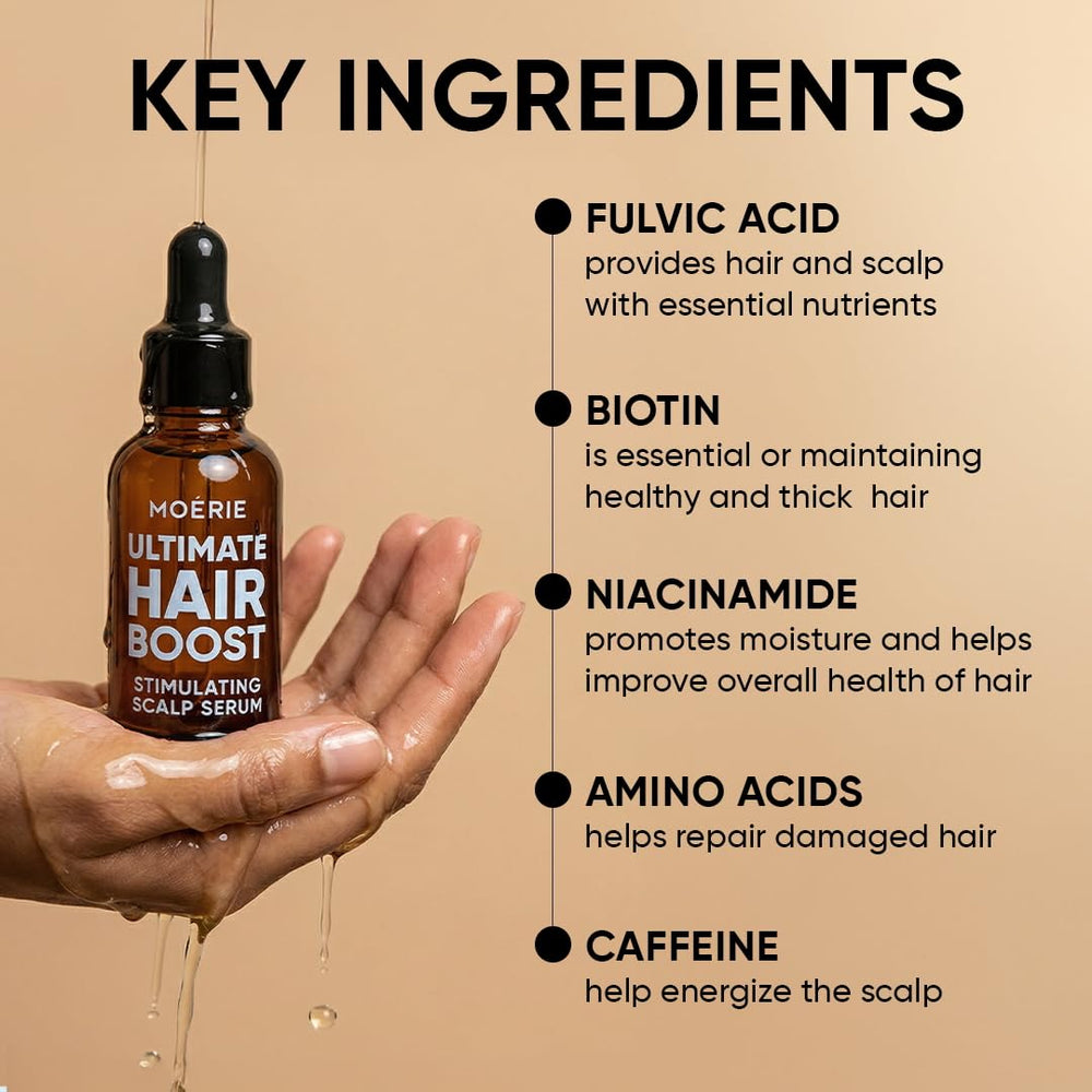 Moerie serum drops being applied to the scalp for daily care