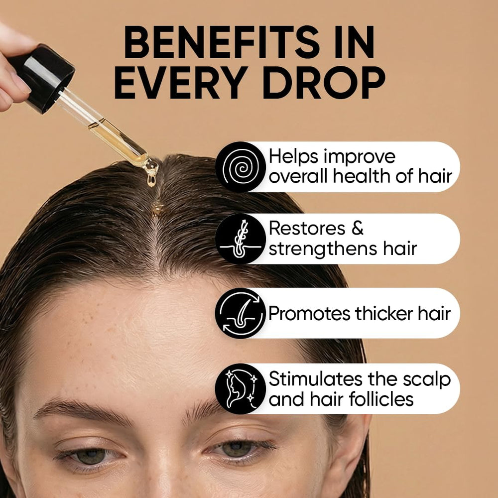 Close-up of Moerie serum on a cleansed scalp showing natural-origin ingredients