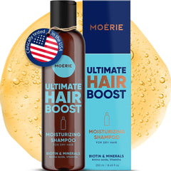 Moerie Ultimate Hair Growth Shampoo bottle pour boosts volume and shine.
