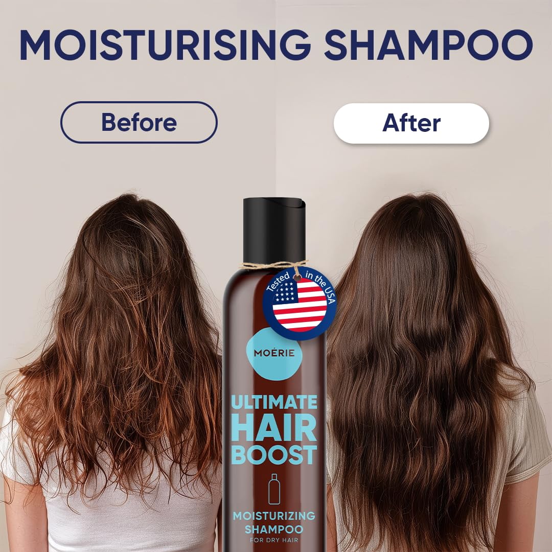 Moerie Ultimate Hair Growth Shampoo closeup hair ready for styling after wash.