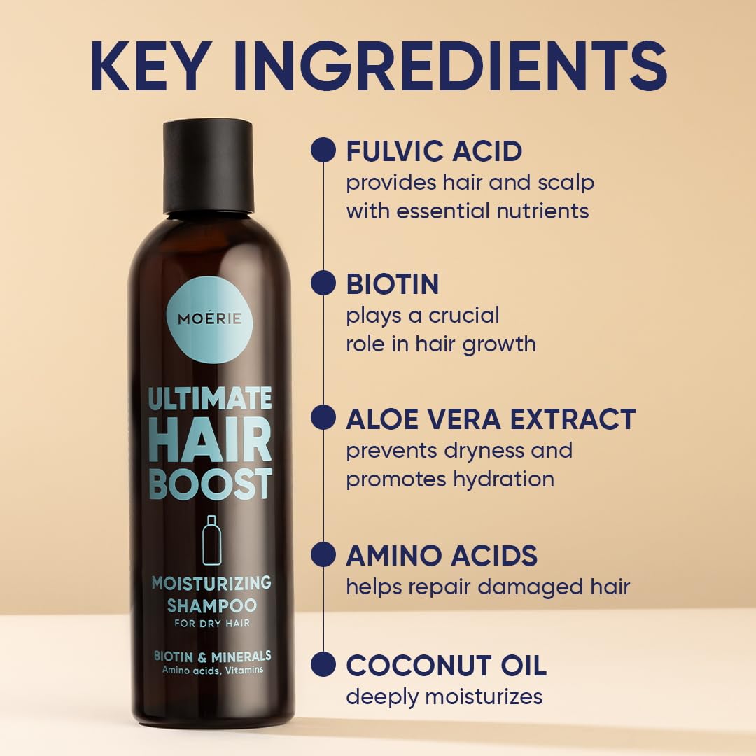 Moerie Ultimate Hair Growth Shampoo ingredients highlight minerals and vitamins for nourishment.