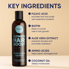 Moerie Ultimate Hair Growth Shampoo ingredients highlight minerals and vitamins for nourishment.