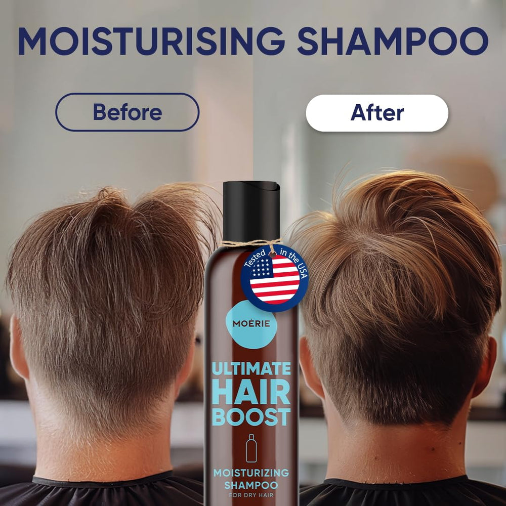 Moerie Ultimate Hair Growth Shampoo packaging highlights vegan, cruelty-free formula.