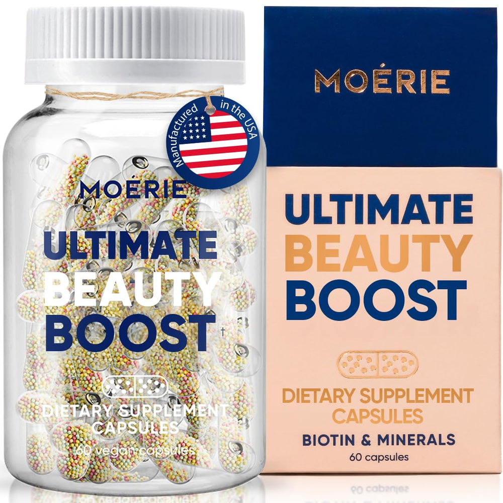 Moerie Ultimate Hair Growth bottle shown for convenient daily use with water.