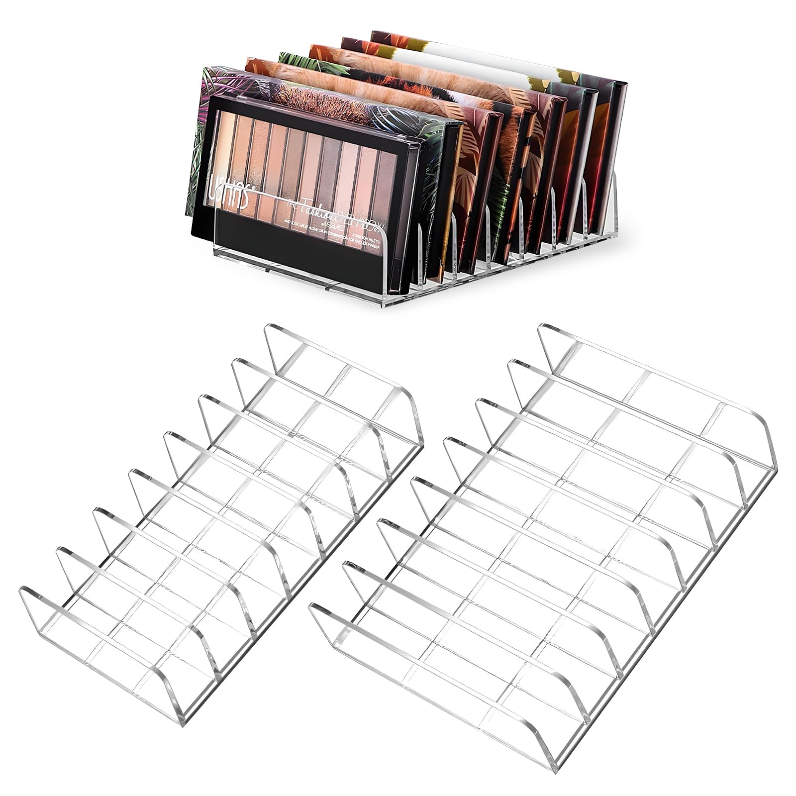 MOGUIMAX two-pack acrylic makeup organizer shows palettes neatly for a tidy vanity.
