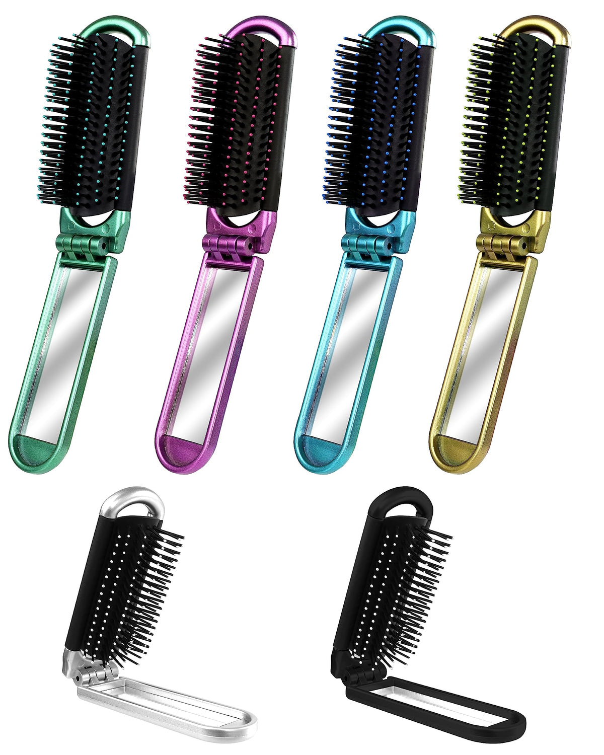 MoHern folding travel hairbrush blue with mirror for on-the-go styling