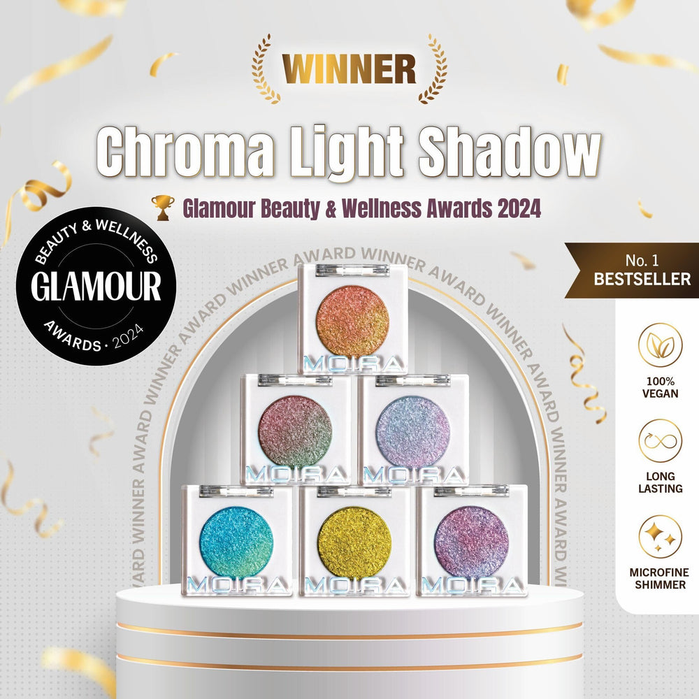 Moira Chroma Light Shadow 004 Summer Dream metallic finish drapes eyelids with luminous glow.