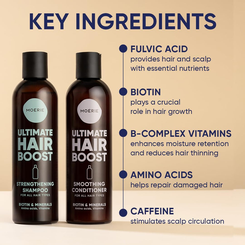 Moerie ingredients label highlights fulvic minerals and vitamins for scalp health.