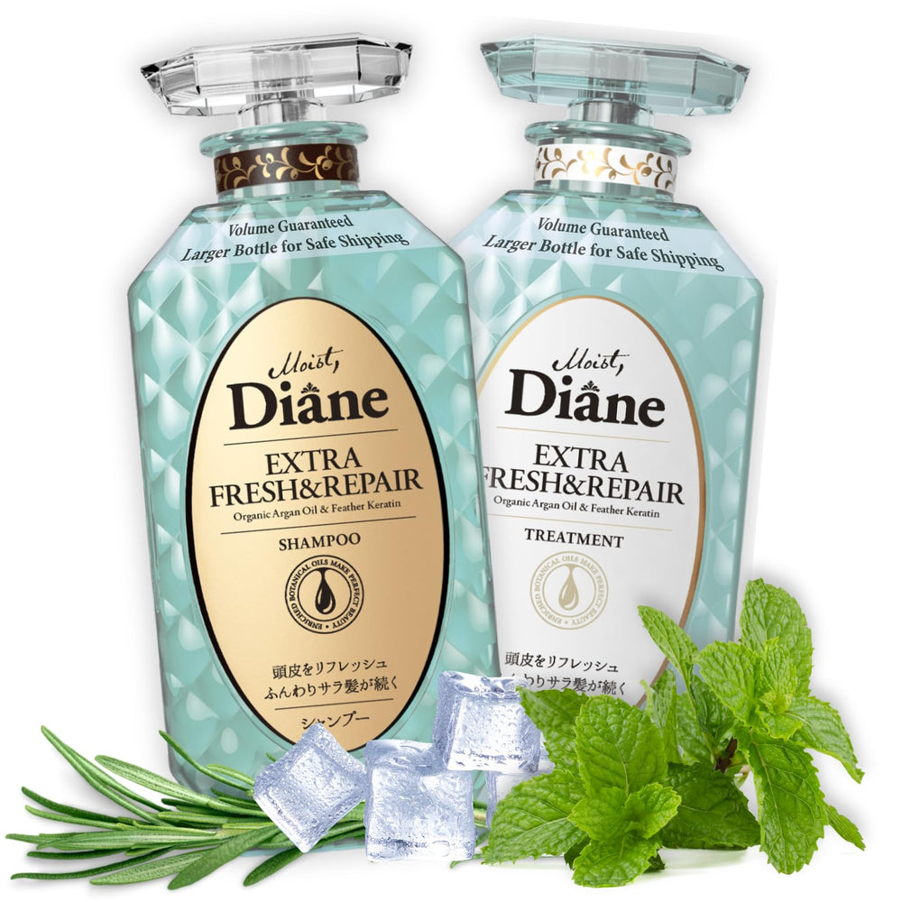 Moist Diane anti-dandruff shampoo bottle showing keratin and argan oil