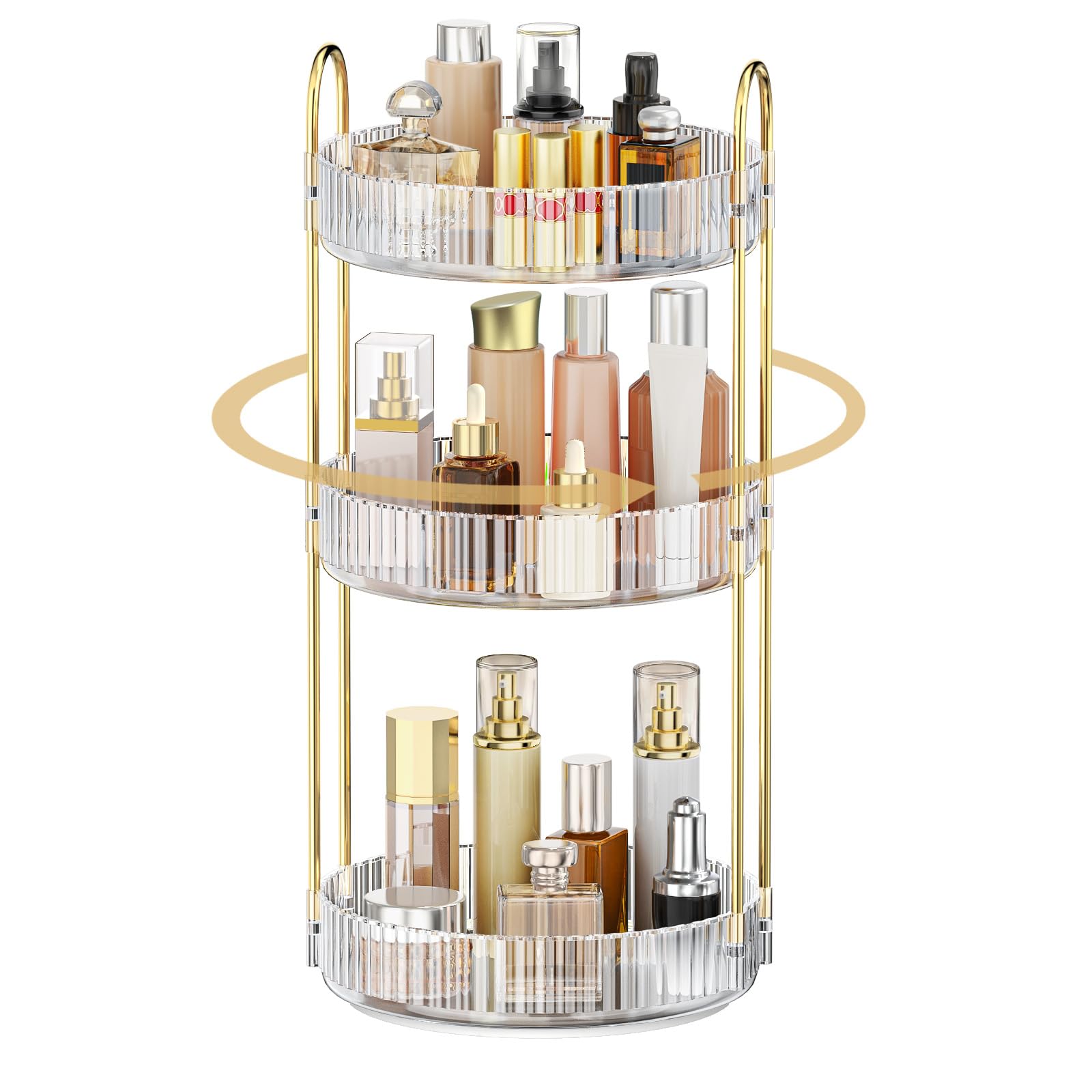 MOKANI 360 rotating makeup organizer on vanity for quick access.