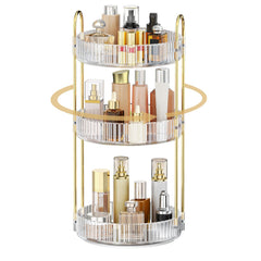 MOKANI 360 rotating makeup organizer on vanity for quick access.