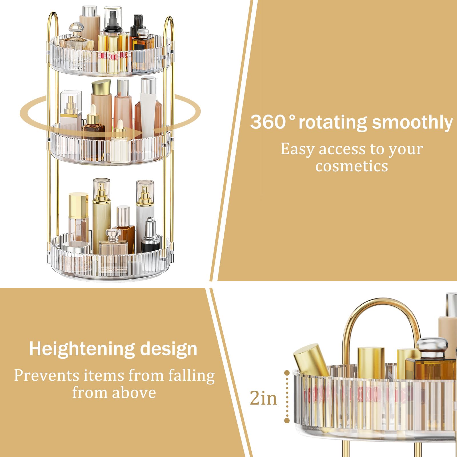 MOKANI three-tier perfume organizer maximizes vanity storage.