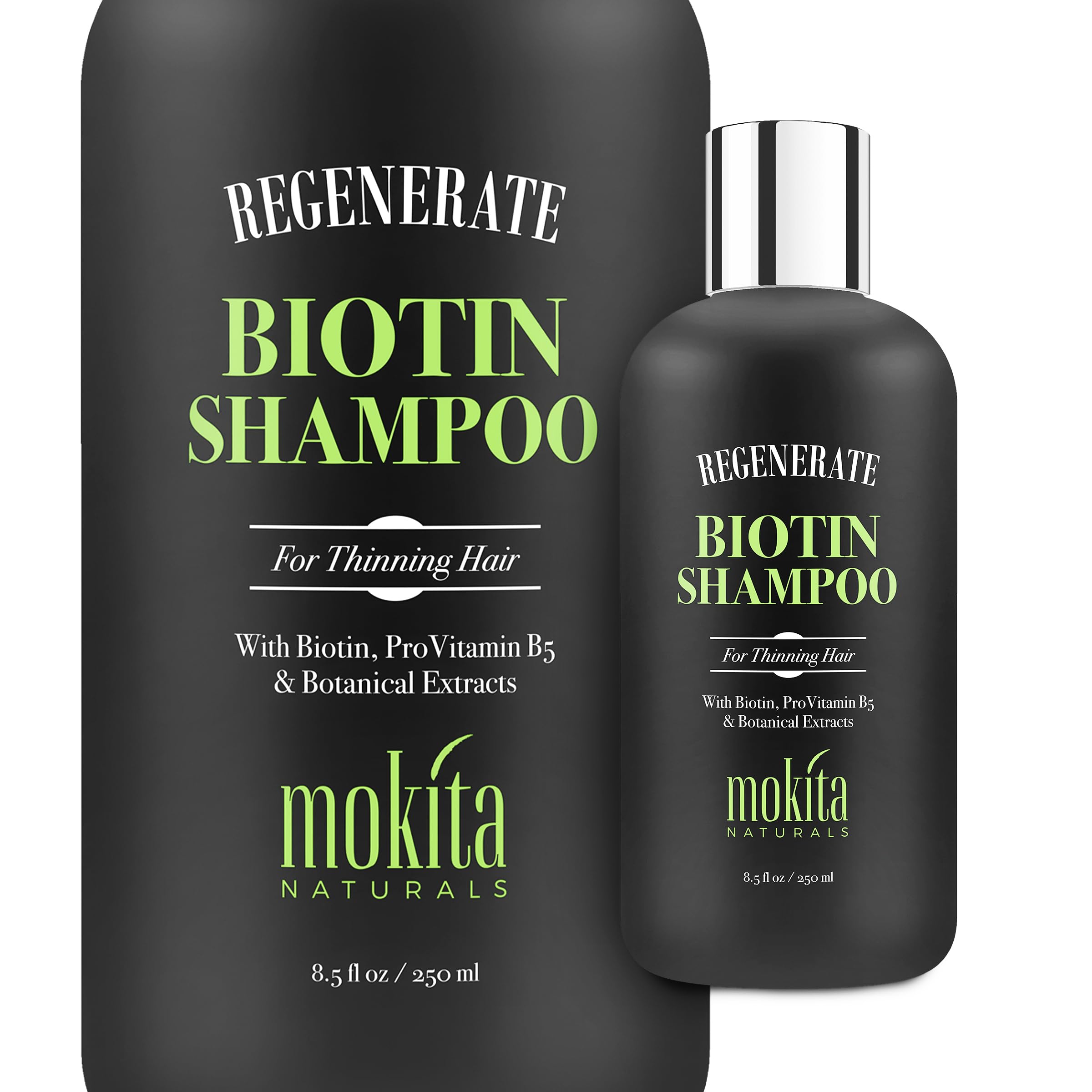 Mokita Naturals Hair Shampoo bottle pour shows volumizing effect for thinning hair.