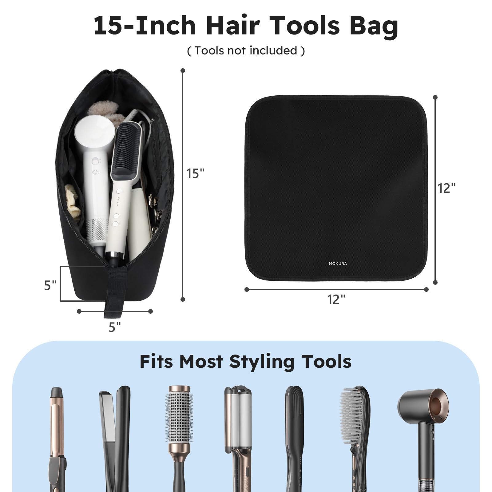 MOKURA travel bag with heat-resistant mat protects surfaces during styling sessions.