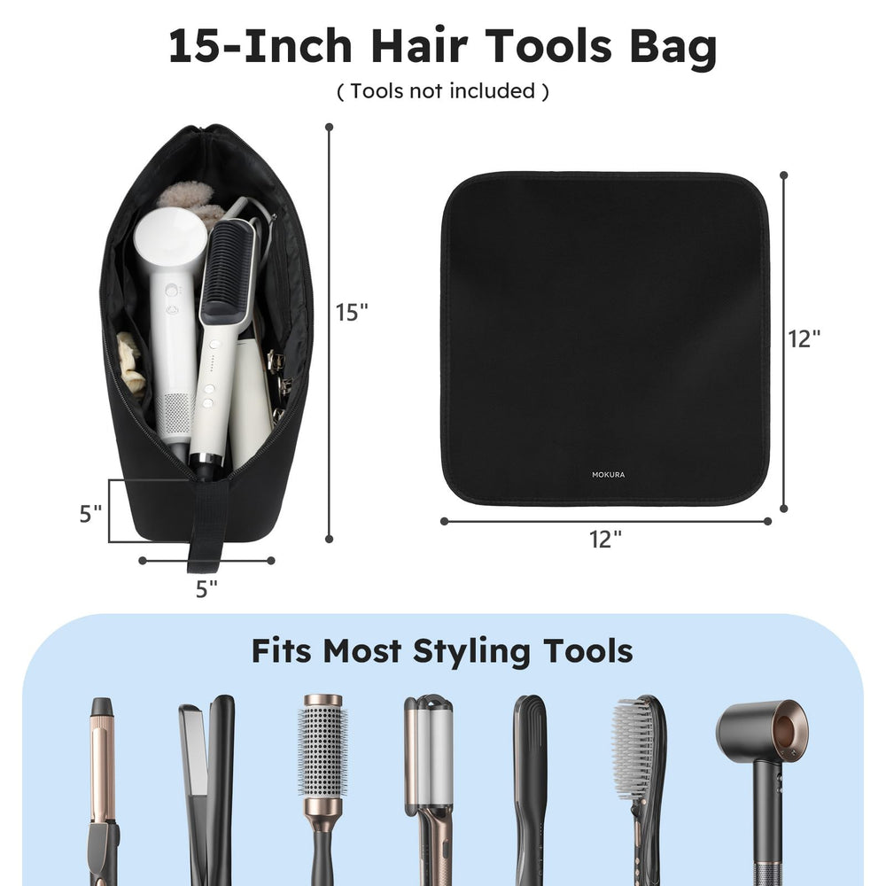 MOKURA travel bag with heat-resistant mat protects surfaces during styling sessions.