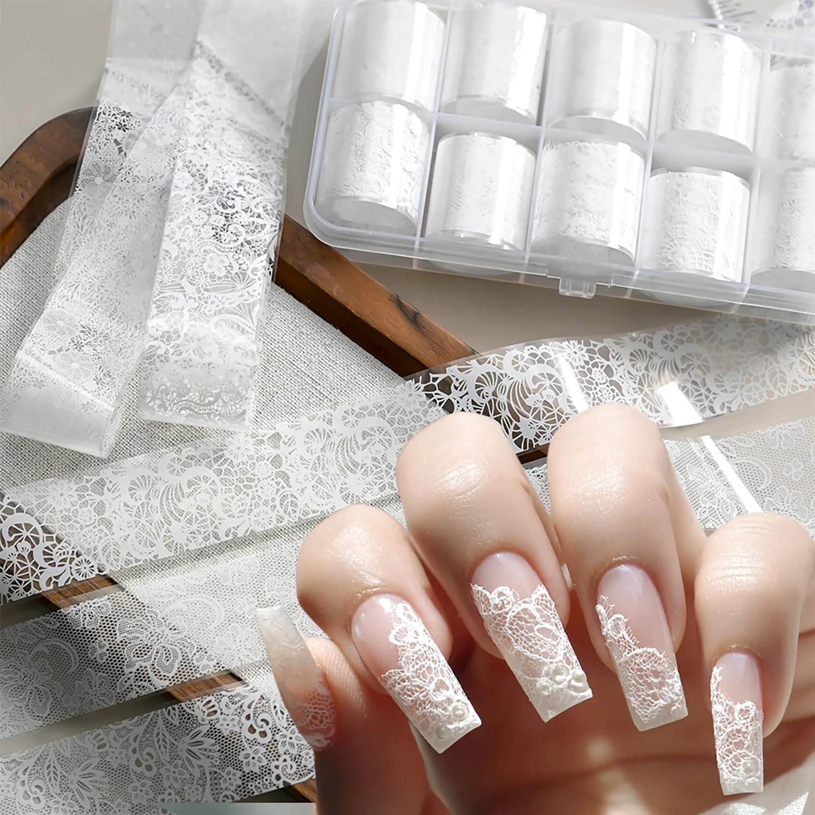 MOLILON lámina de encaje blanco para uñas, brillo holográfico suave.