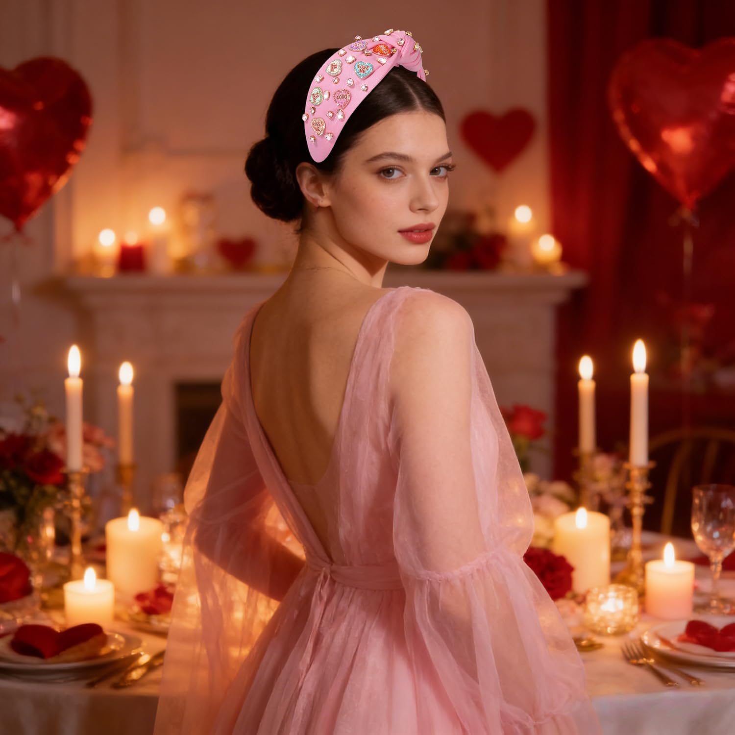 MOLOCH pink heart headband for events like birthdays and weddings.