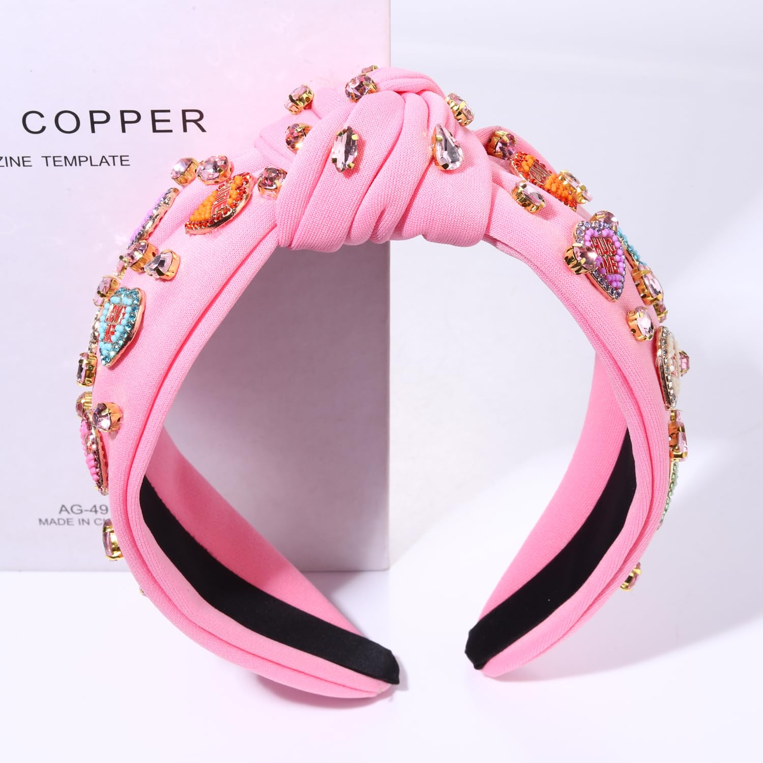 MOLOCH pink heart headband in crushed velvet for comfortable all-day wear.