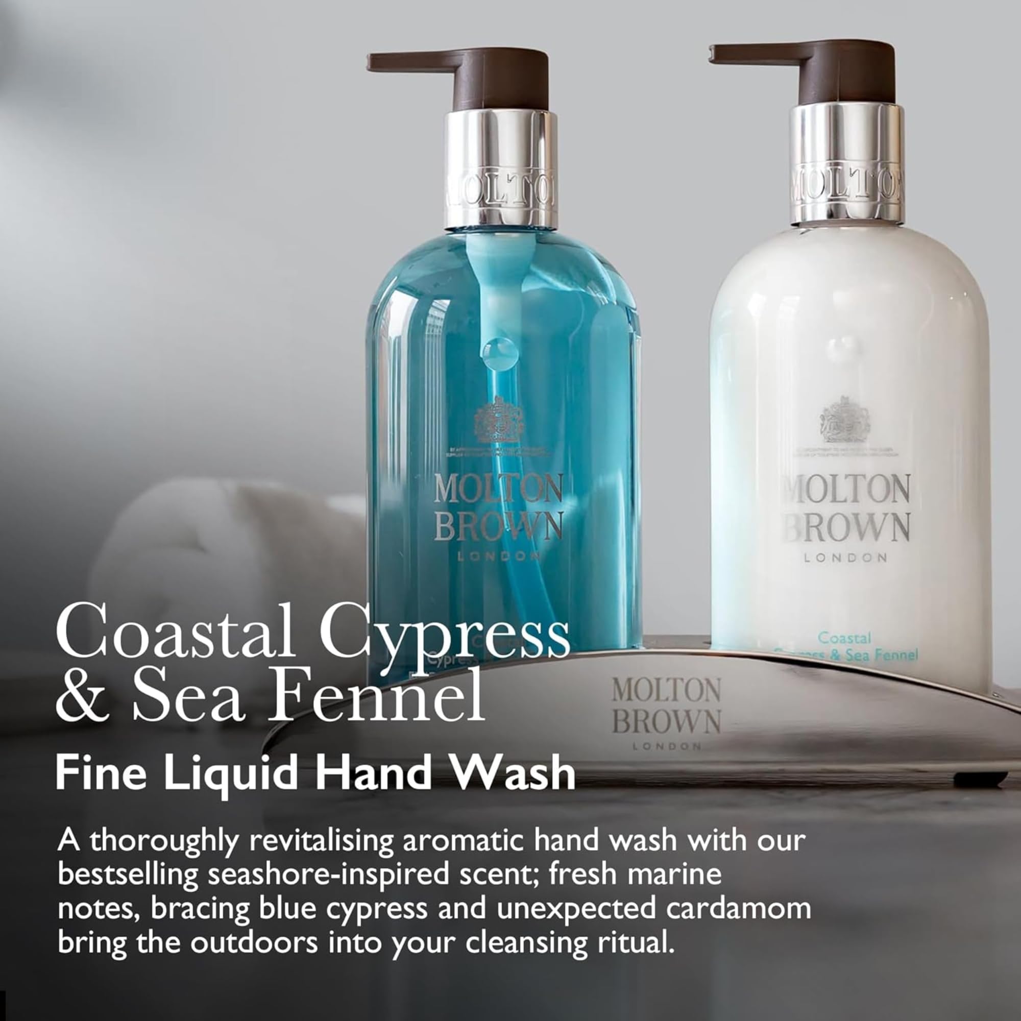 Molton Brown Coastal Cypress & Sea Fennel label close-up highlighting marine notes