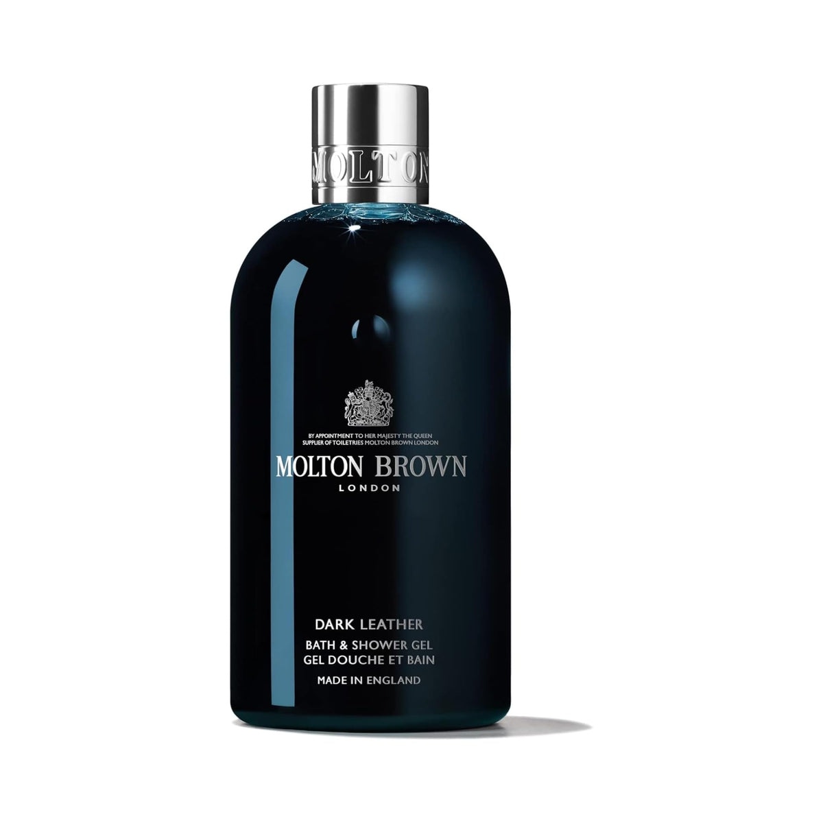 Molton Brown Dark Leather bottle front showing premium packaging and scent promise.