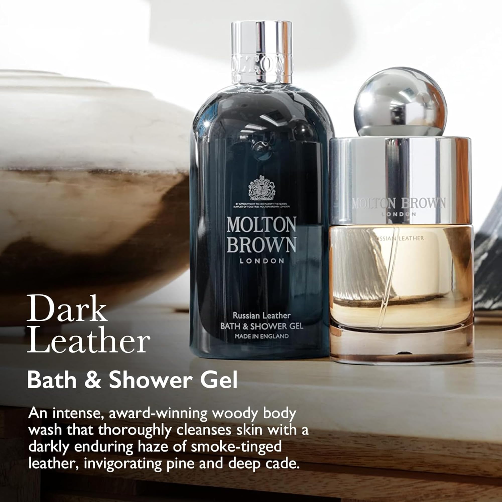 Molton Brown Dark Leather bottle pour captures easy shower release and fragrance.