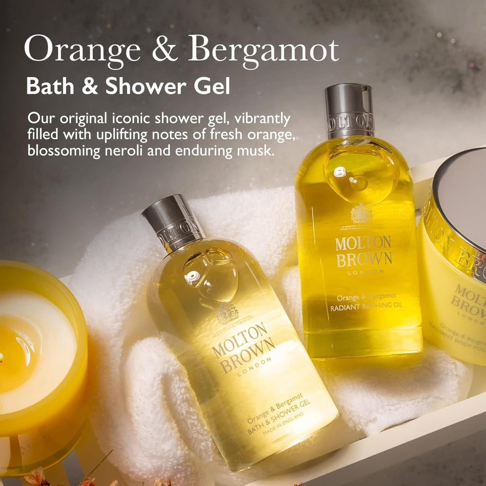 Molton Brown pour shot highlights fresh orange and neroli aroma for a bright shower.