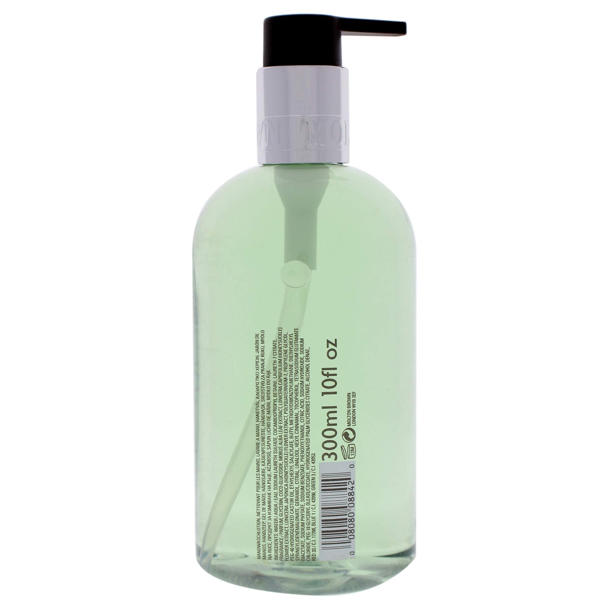 Molton Brown Refined White Mulberry label closeup shows vegan, paraben-free formula.