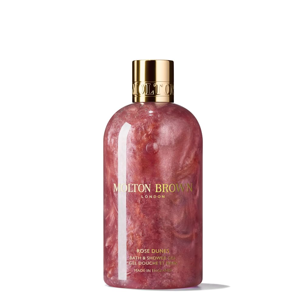 Molton Brown Rose Dunes bottle displays opulent ambery-rose scent for daily indulgence.