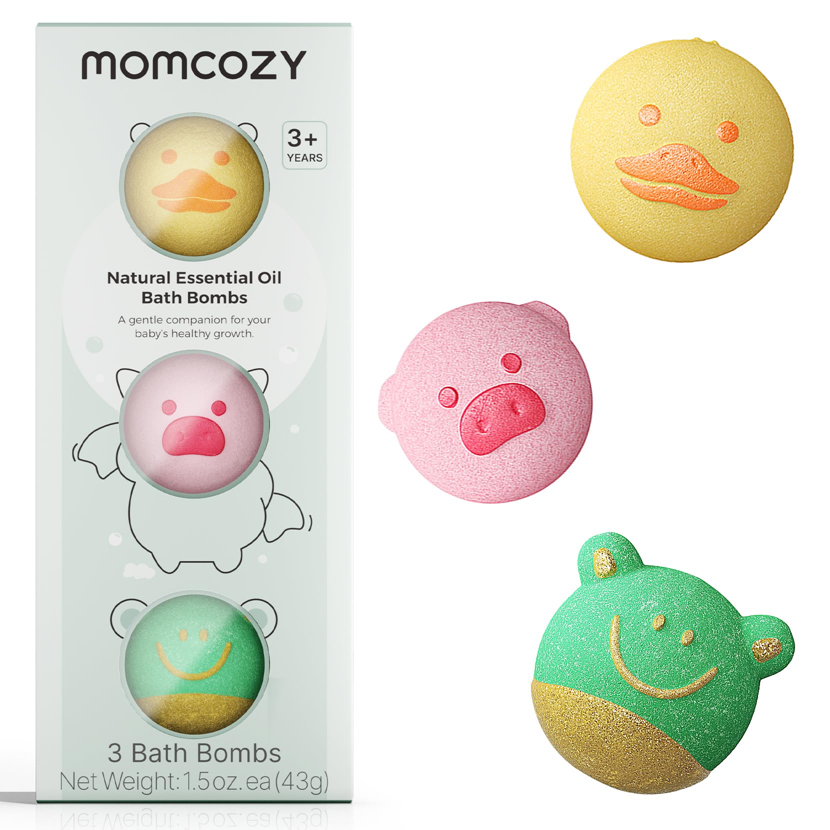 Momcozy natural bath bombs packaging, kid-friendly presentation and gentle fragrance.