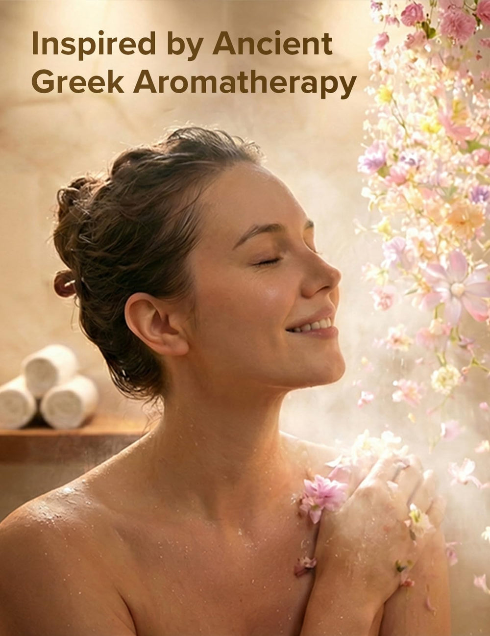 Momcozy chamomile flower steamer evokes gentle calm during a shower ritual.