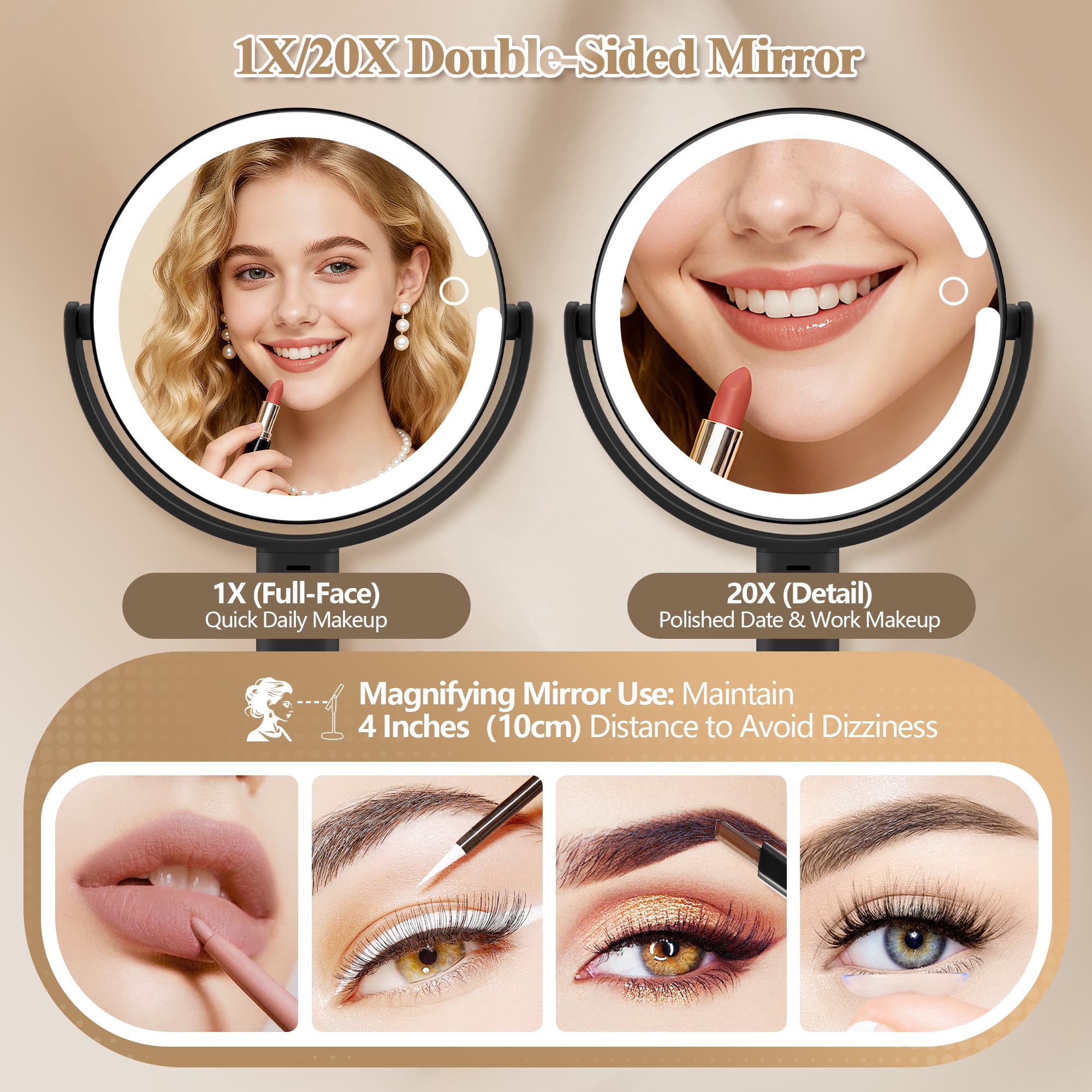 MOMOKUBA makeup mirror with 20x magnification for precise eyeliner and brows.