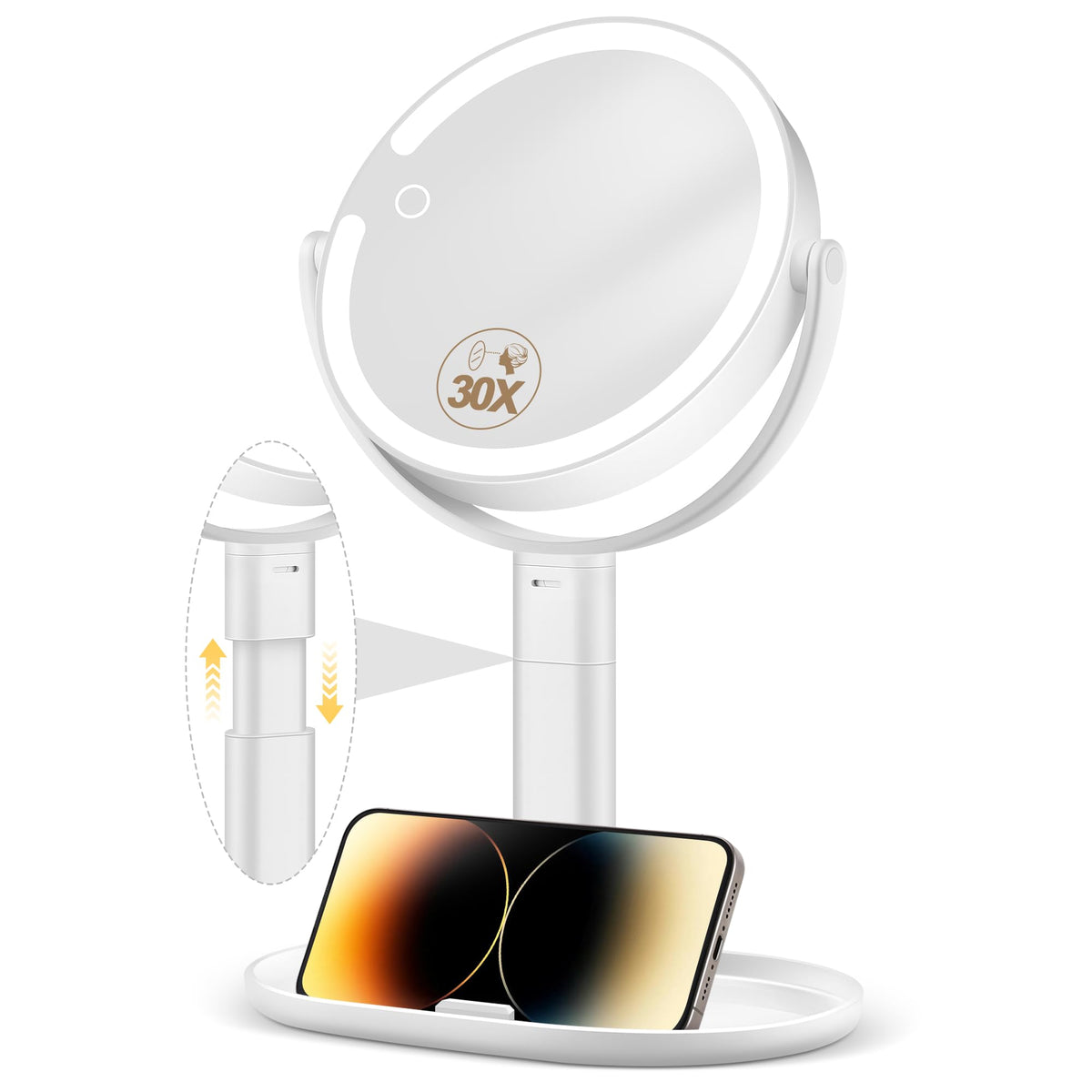 Momokuba makeup mirror with lights shows 30x magnification for precise tasks.