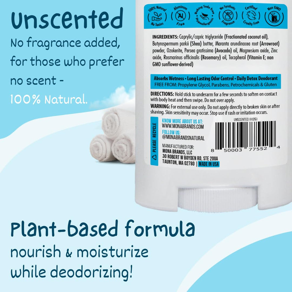 MONA unscented deodorant for kids in application form demonstrates smooth glide and long-lasting odor control.