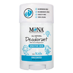 MONA unscented deodorant for kids packaging image shows safe, kid-friendly design and ingredients, ideal for school days.