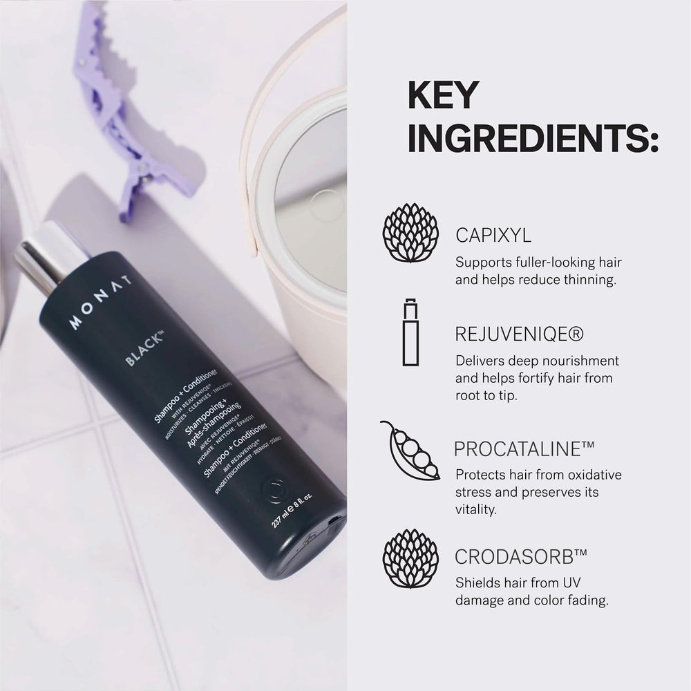 Closeup of color-treated hair with MONAT Black Shampoo illustrating color-safe use.