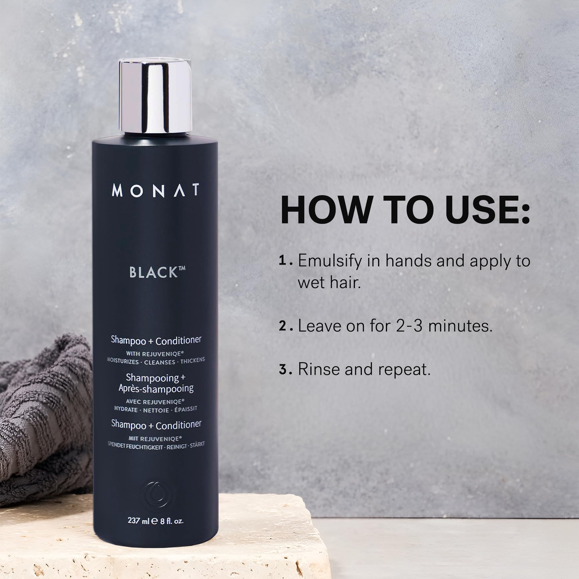 Hair appears healthier-looking after MONAT Black Shampoo + Conditioner.
